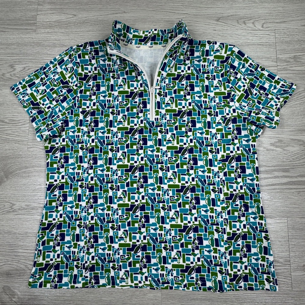 Lizgolf Women's Polo Shirt Quarter‎ Zip Golf Print Green Blue XL Short Sleeve
